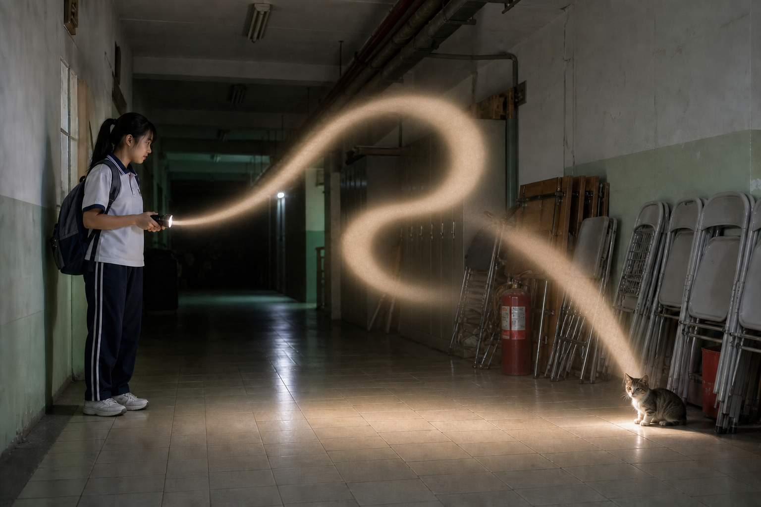 手電筒光束呈彎曲路徑照向小貓